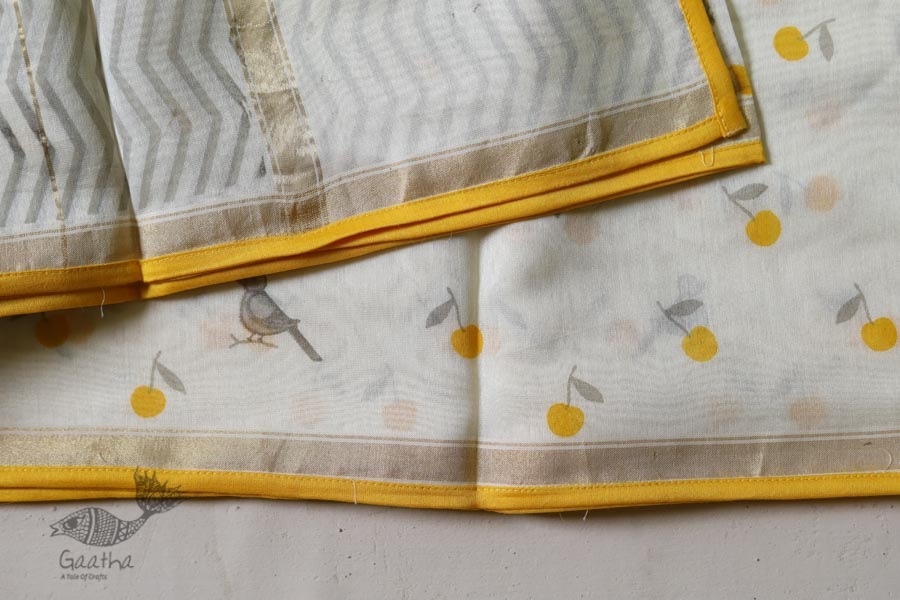 Handloom Chanderi Printed Saree - cherry motif with yellow border
