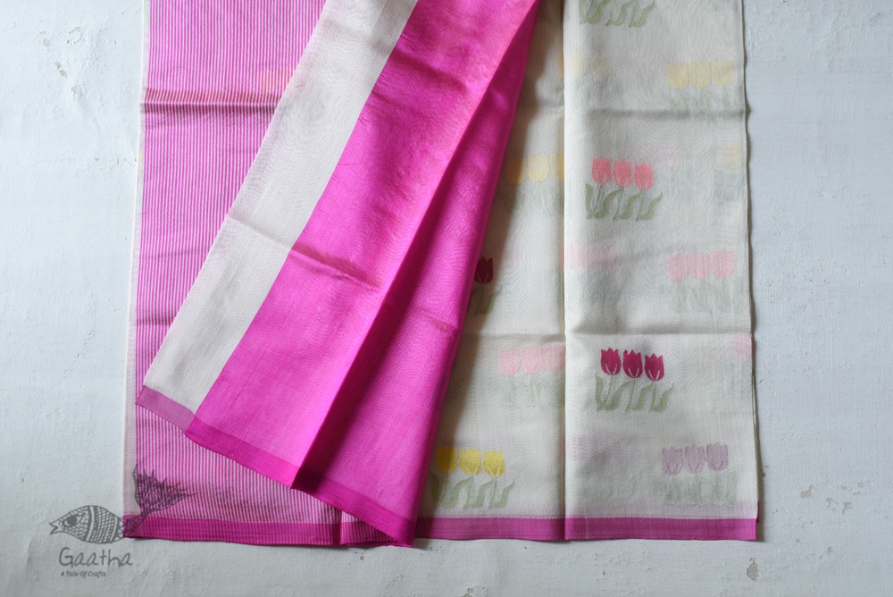 Handloom Chanderi Saree - Woven Tulip Flowers