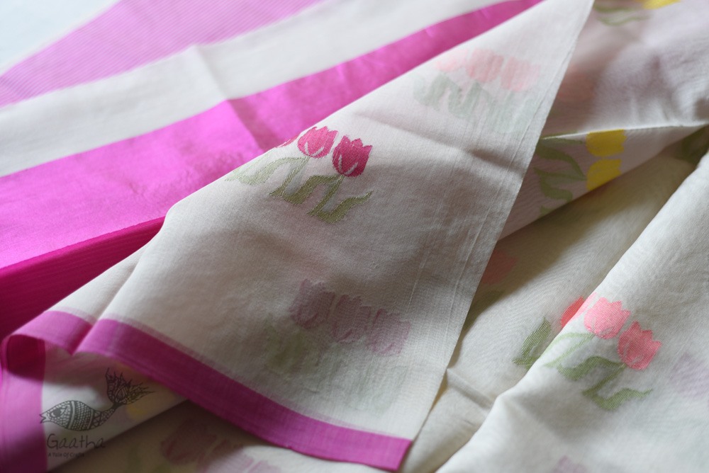 Handloom Chanderi Saree - Woven Tulip Flowers