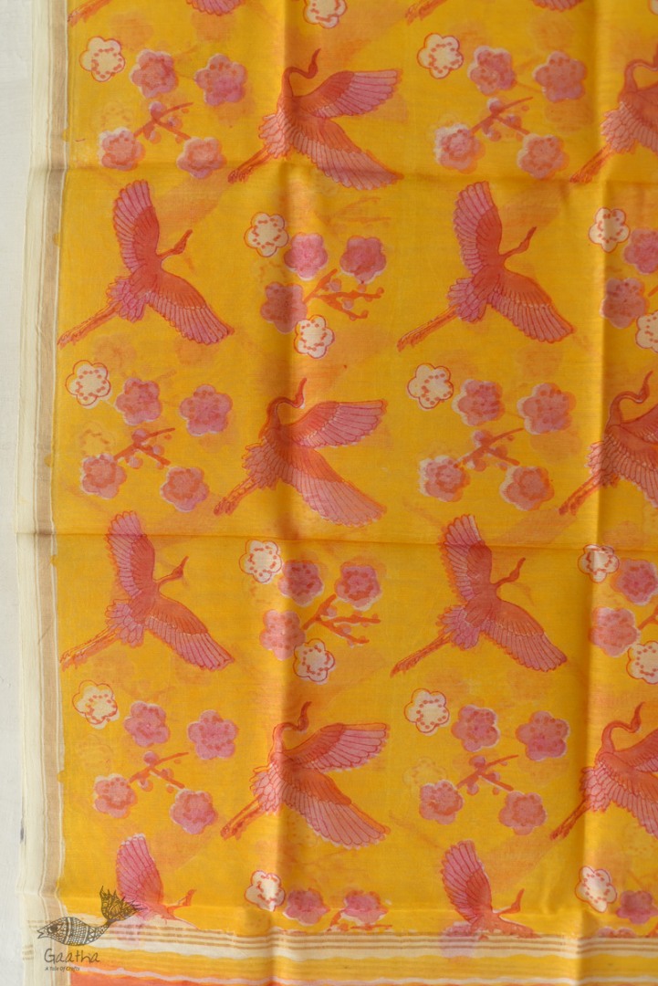 shop Block Printed Chanderi Dupatta - Crane Bird Motif