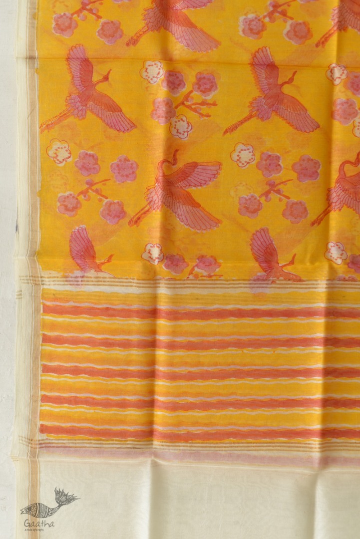 shop Block Printed Chanderi Dupatta - Crane Bird Motif