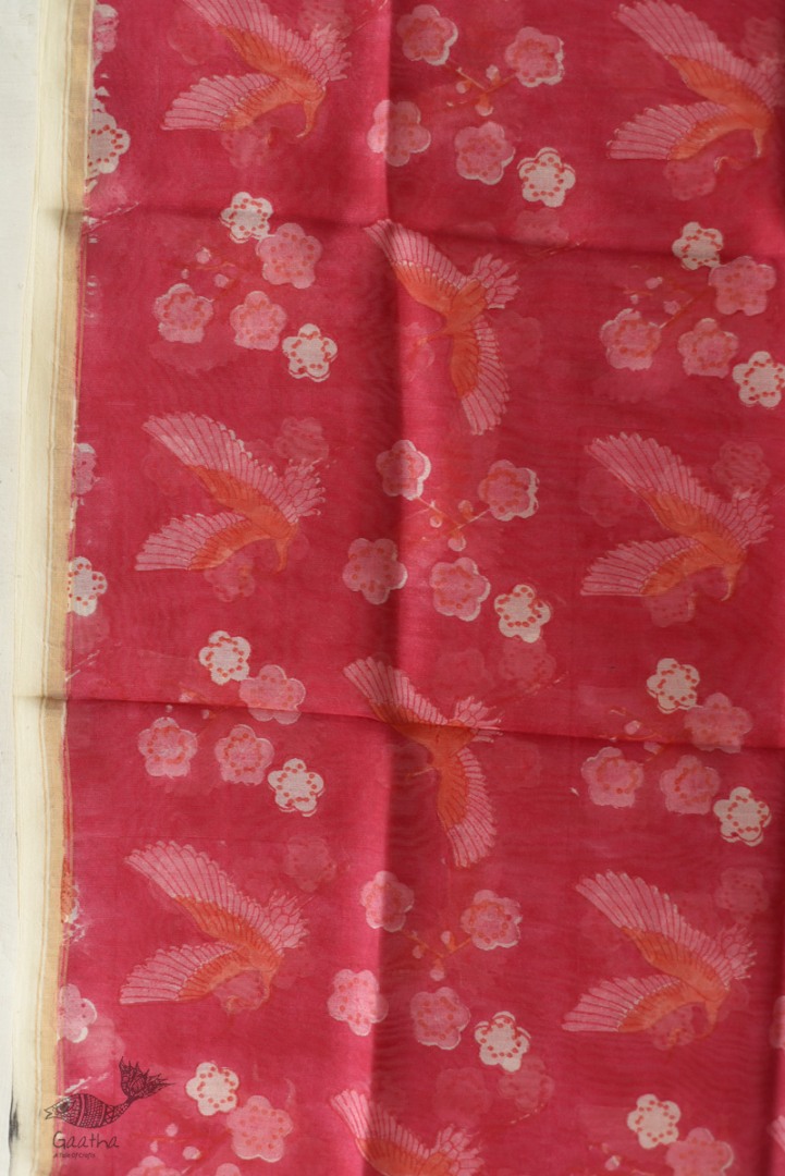 shop Block Printed Chanderi Dupatta - Bird Motif