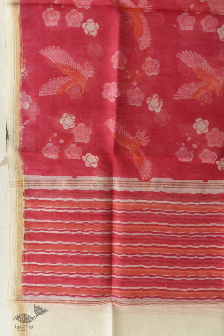 shop Block Printed Chanderi Dupatta - Bird Motif