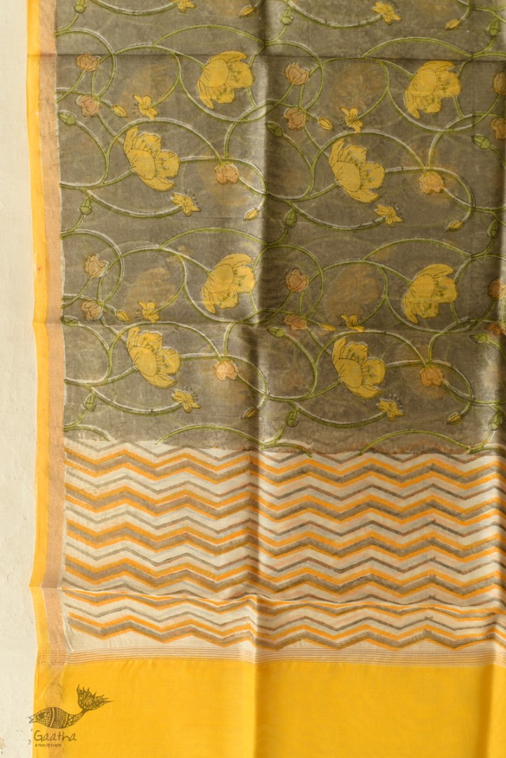 shop Block Printed Chanderi Dupatta - Yellow Flowers