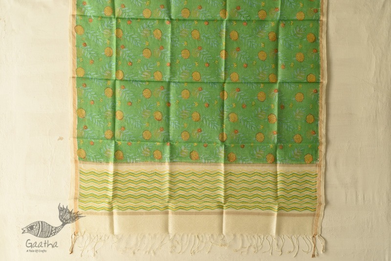 shop Block Printed Chanderi Green Dupatta