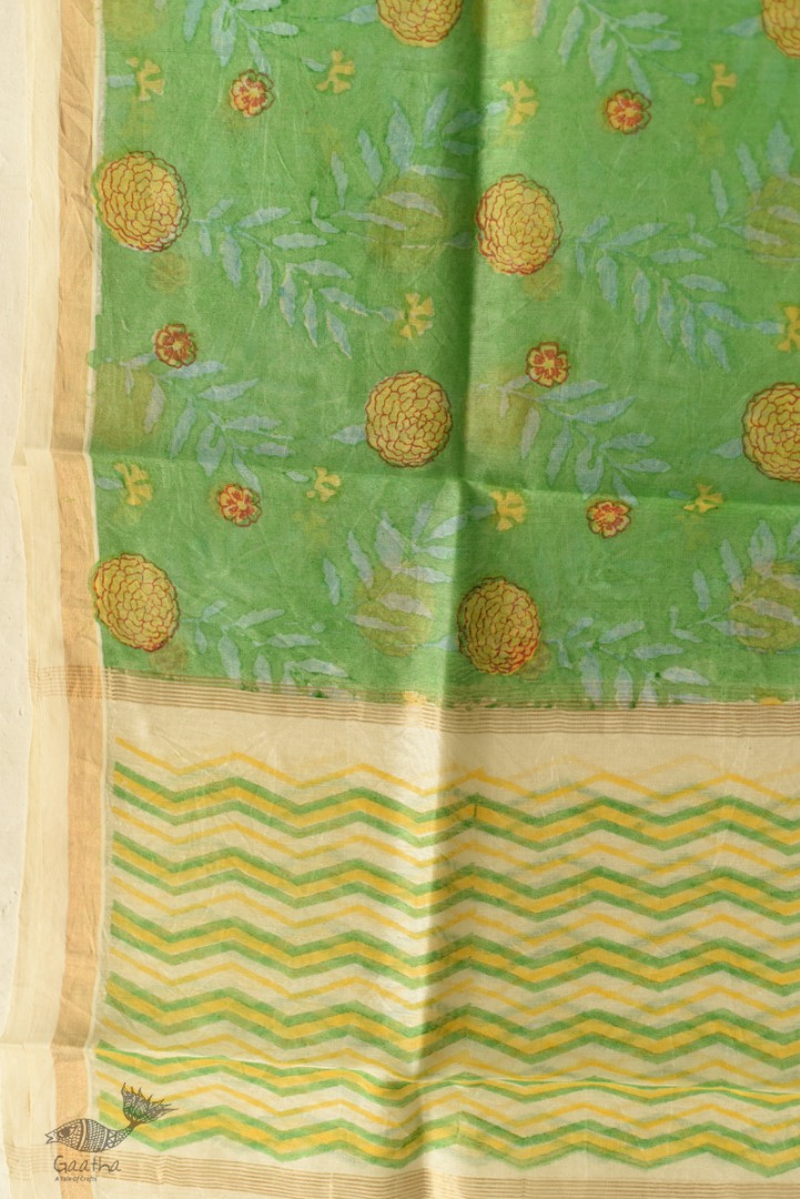 shop Block Printed Chanderi Green Dupatta