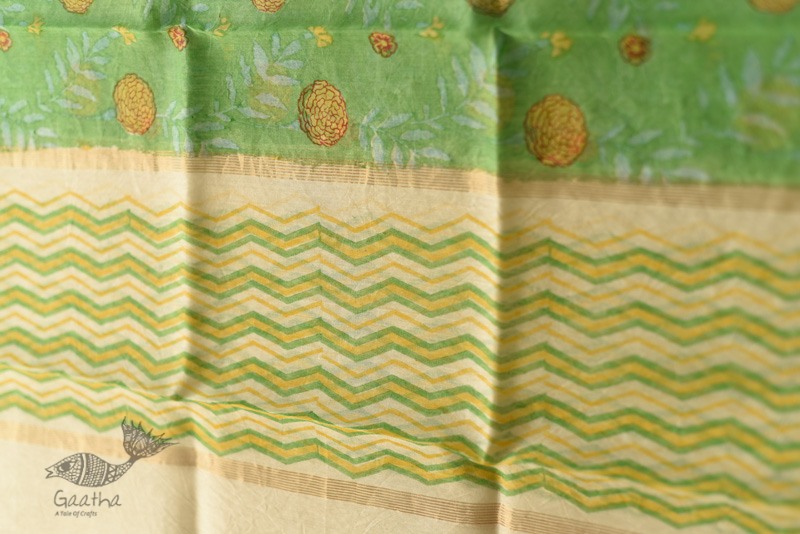 shop Block Printed Chanderi Green Dupatta