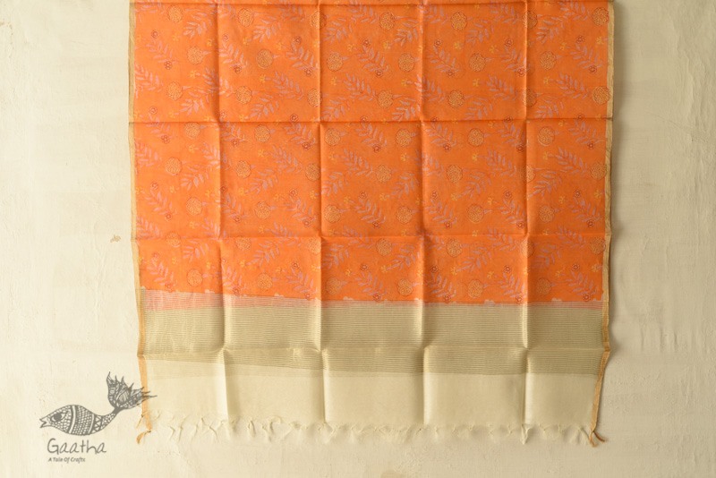 shop Block Printed Chanderi Orange Dupatta