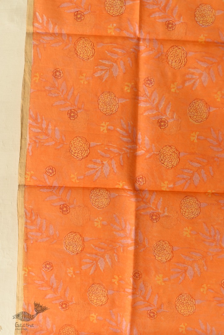 shop Block Printed Chanderi Orange Dupatta