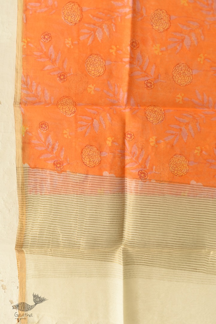 shop Block Printed Chanderi Orange Dupatta