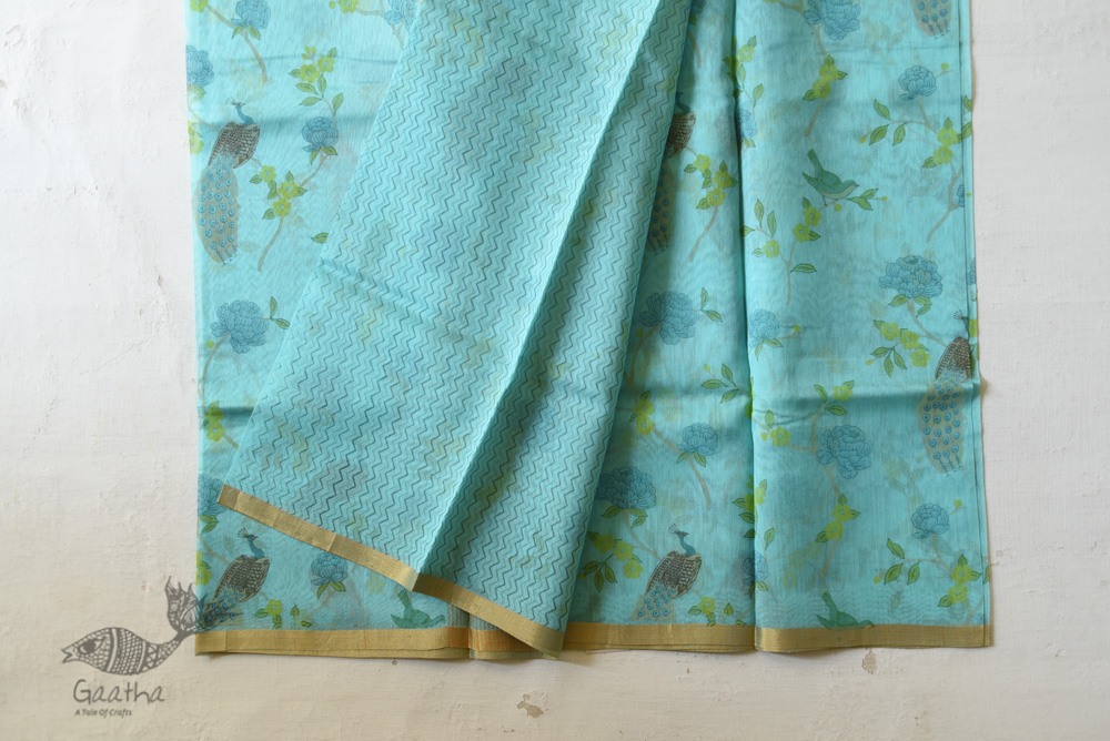 Handloom Printed Chanderi Sky Blue Saree