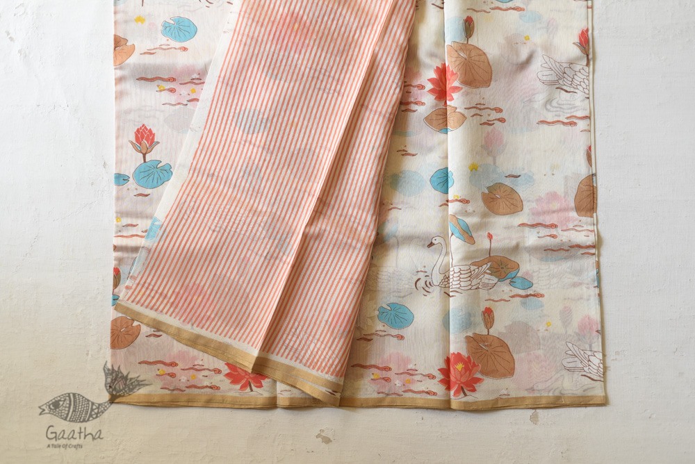 Handloom Printed Chanderi Saree - Lotus & Duck Motif