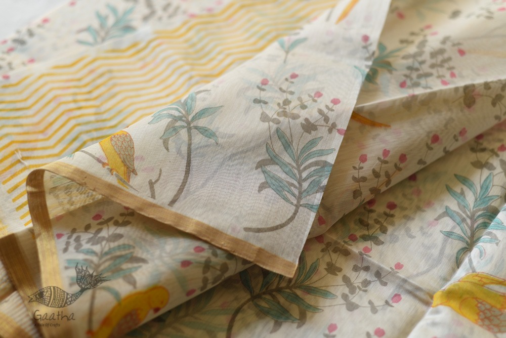 Handloom Printed Chanderi Saree Parrot Motif