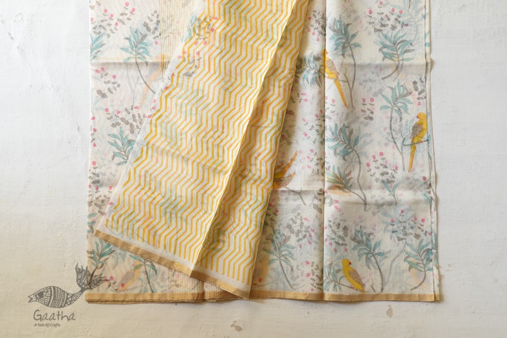 Handloom Printed Chanderi Saree Parrot Motif