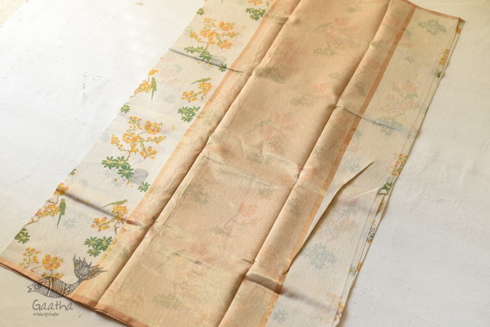 Handloom Yellow Flowers Printed Chanderi Saree