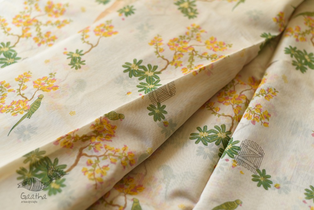 Handloom Yellow Flowers Printed Chanderi Saree