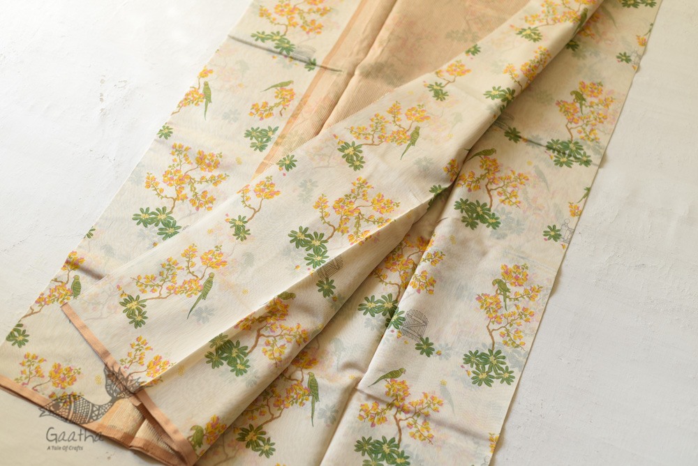 Handloom Yellow Flowers Printed Chanderi Saree