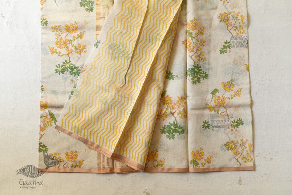 Handloom Yellow Flowers Printed Chanderi Saree