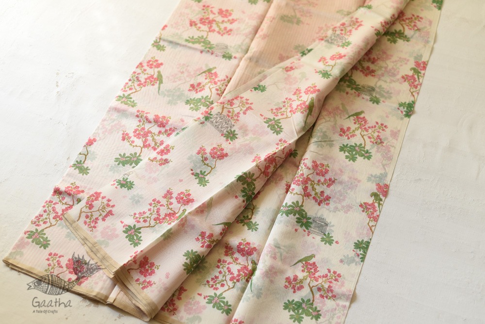 Handloom Pink Flowers Printed Chanderi Saree