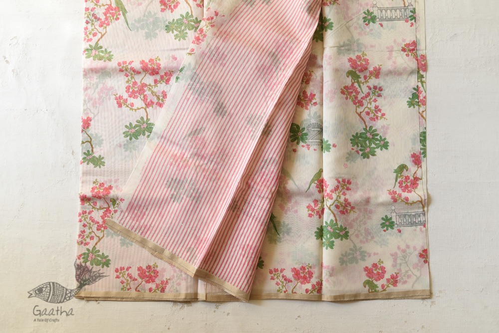 Handloom Pink Flowers Printed Chanderi Saree