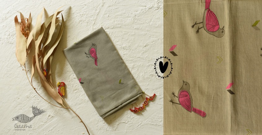 shop Printed Cotton Grey Stole with Sparrow Motif