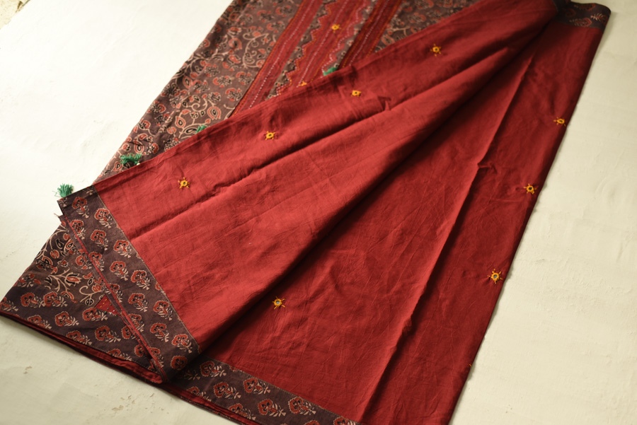 Ajrakh Applique & Mirror Work Cotton Saree