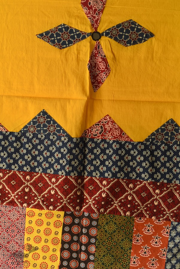 Cotton Ajrakh Applique Yellow Dupatta