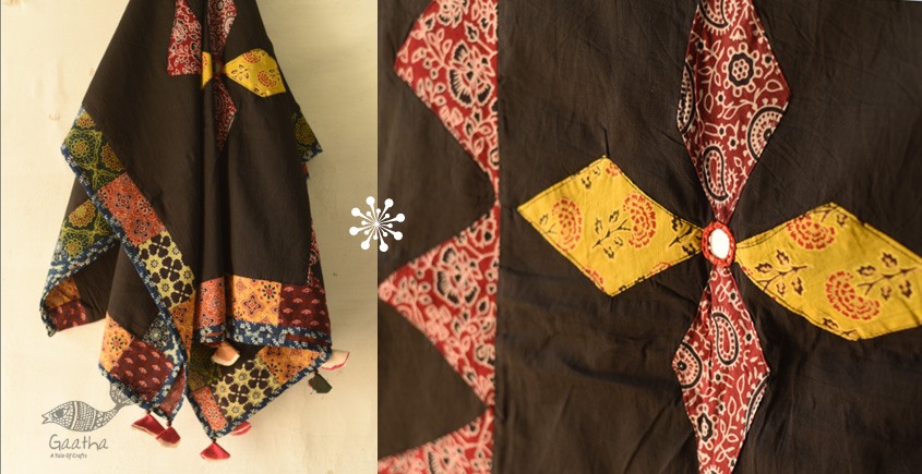 shop Ajrakh Applique & Kantha Embroidered Cotton Dupatta