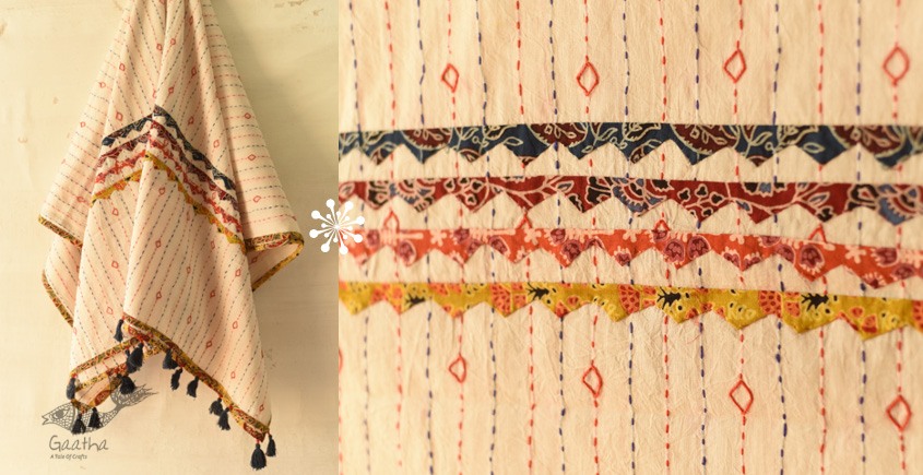 shop Ajrakh Applique & Kantha Embroidered White Dupatta with Yellow Border