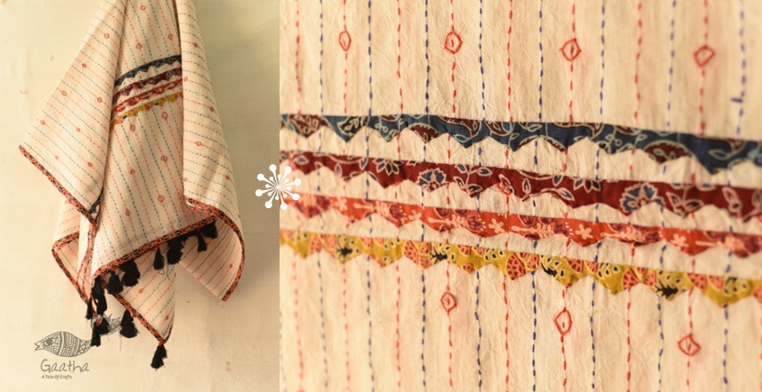 shop Ajrakh Applique & Kantha stitch Cotton Dupatta