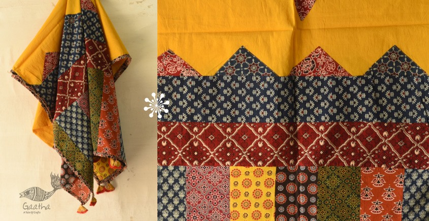 Cotton Ajrakh Applique Yellow Dupatta