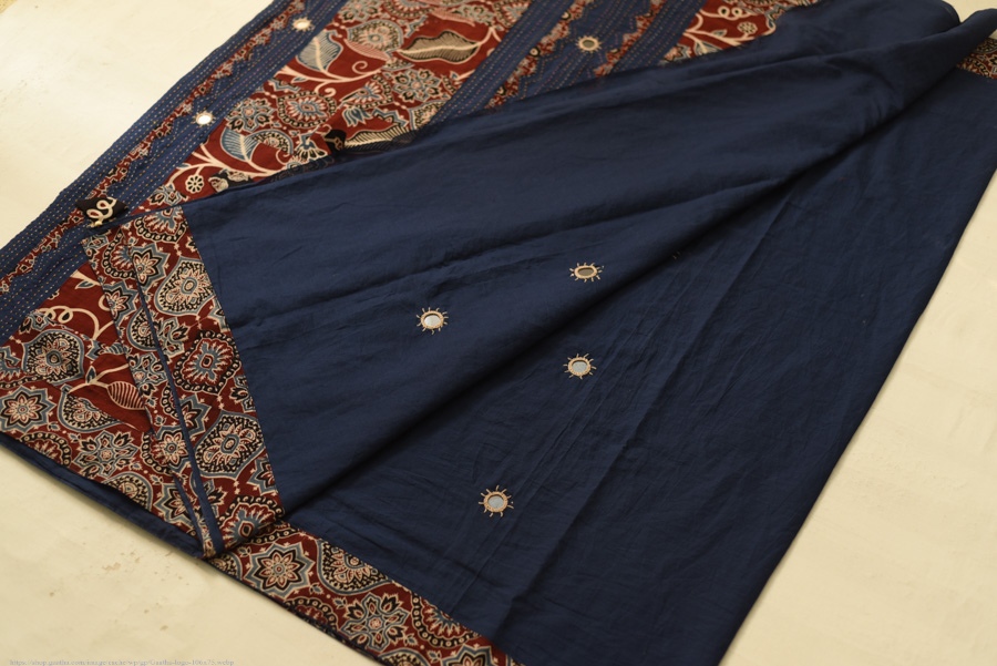 Buy Ajrakh Applique / Patchwork Cotton Saree