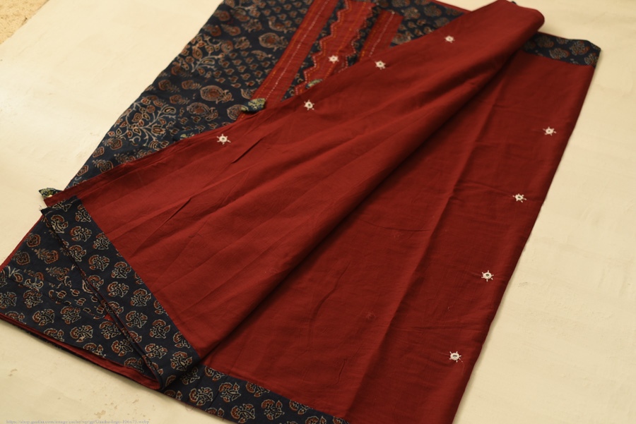 Buy Ajrakh Patchwork & Embroidered Cotton Saree - Maroon & Blue