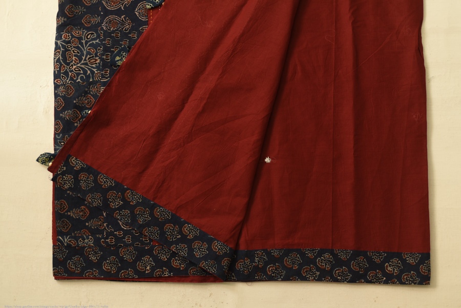 Buy Ajrakh Patchwork & Embroidered Cotton Saree - Maroon & Blue