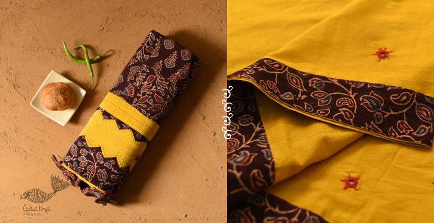 Buy Ajrakh Applique / Patchwork Cotton Turmeric Yellow saree