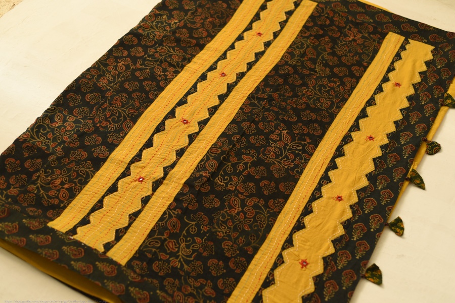 Cotton Ajrakh Applique Saree - Yellow & Green