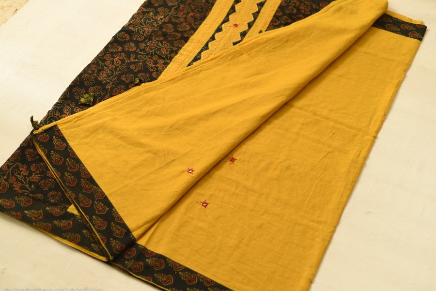 Cotton Ajrakh Applique Saree - Yellow & Green