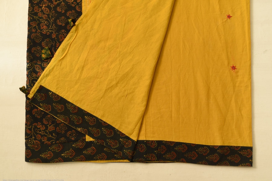 Cotton Ajrakh Applique Saree - Yellow & Green