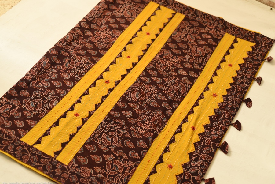 Buy Ajrakh Applique / Patchwork Cotton Turmeric Yellow saree