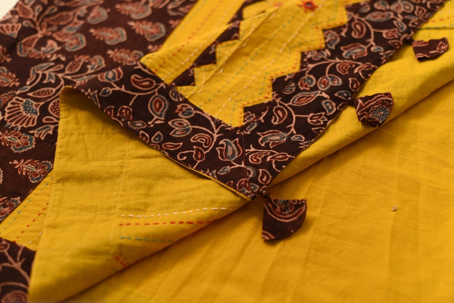 Buy Ajrakh Applique / Patchwork Cotton Turmeric Yellow saree