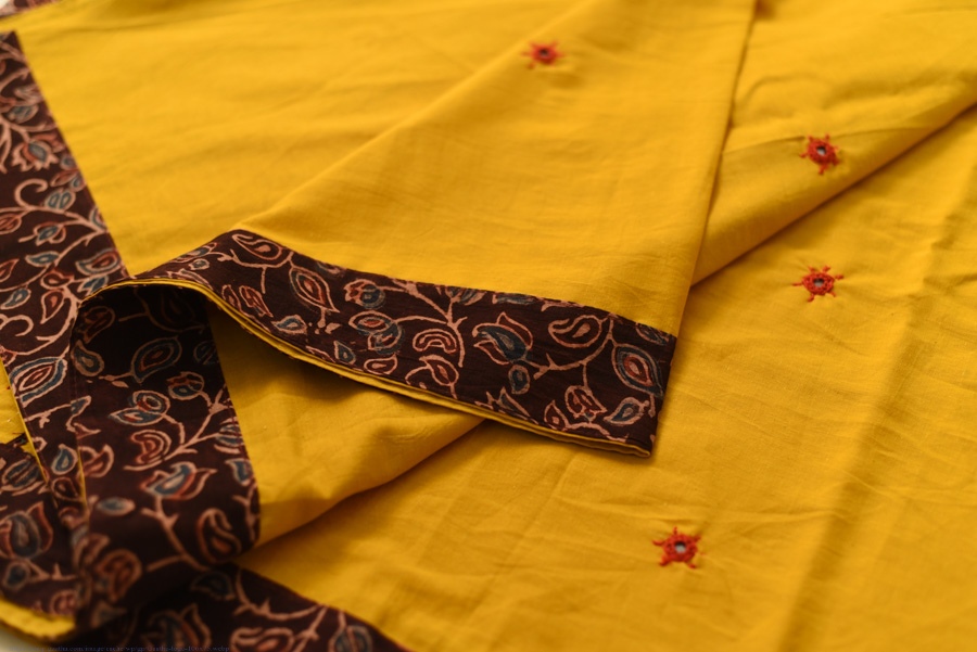 Buy Ajrakh Applique / Patchwork Cotton Turmeric Yellow saree