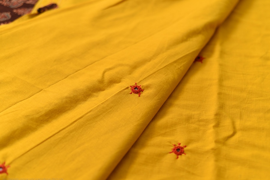 Buy Ajrakh Applique / Patchwork Cotton Turmeric Yellow saree