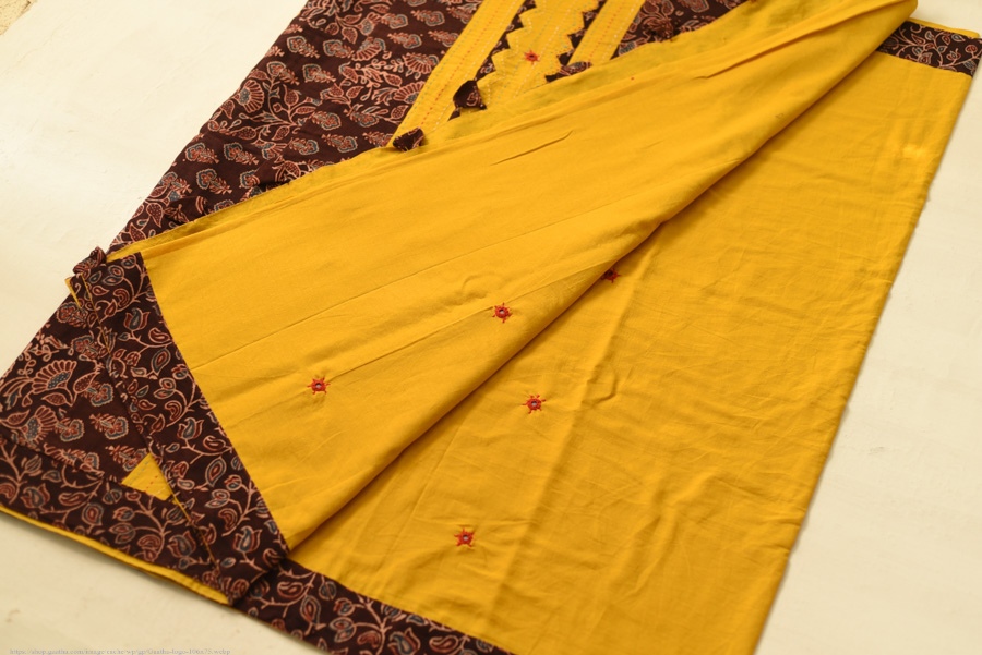 Buy Ajrakh Applique / Patchwork Cotton Turmeric Yellow saree