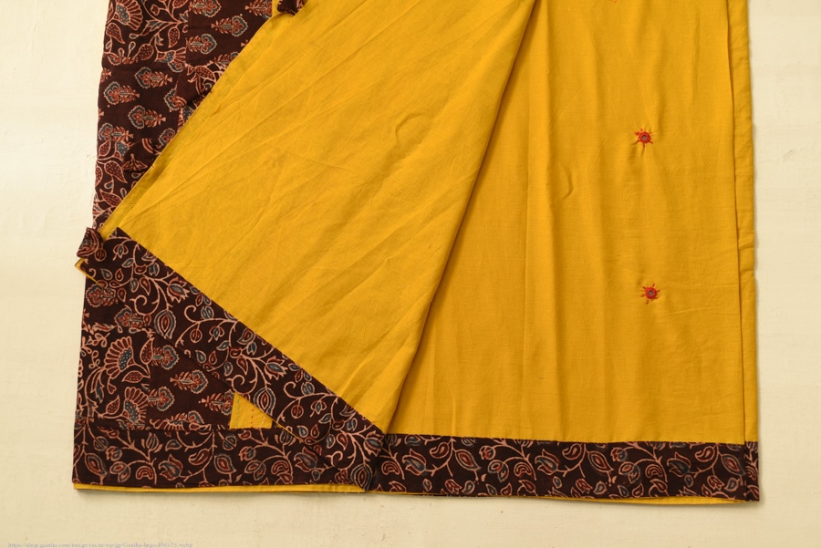 Buy Ajrakh Applique / Patchwork Cotton Turmeric Yellow saree