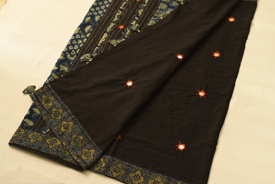 Buy Ajrakh Patchwork & Embroidered Cotton Black Saree