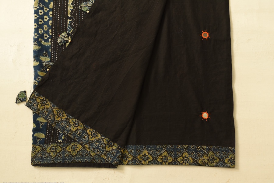 Buy Ajrakh Patchwork & Embroidered Cotton Black Saree