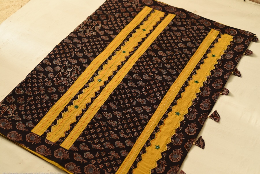 Buy Ajrakh Applique & Mirror Embroidered Cotton Saree - Yellow & Black