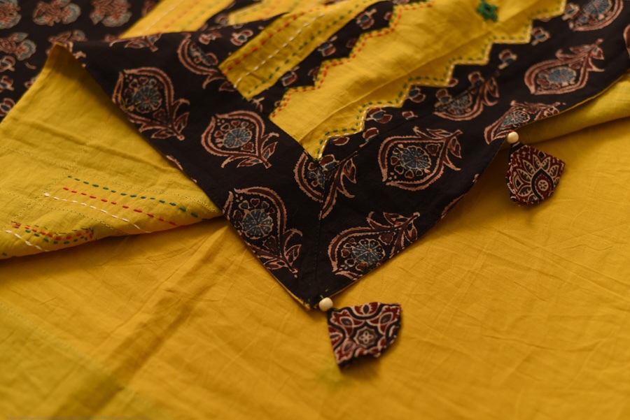 Buy Ajrakh Applique & Mirror Embroidered Cotton Saree - Yellow & Black