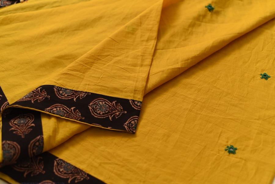 Buy Ajrakh Applique & Mirror Embroidered Cotton Saree - Yellow & Black