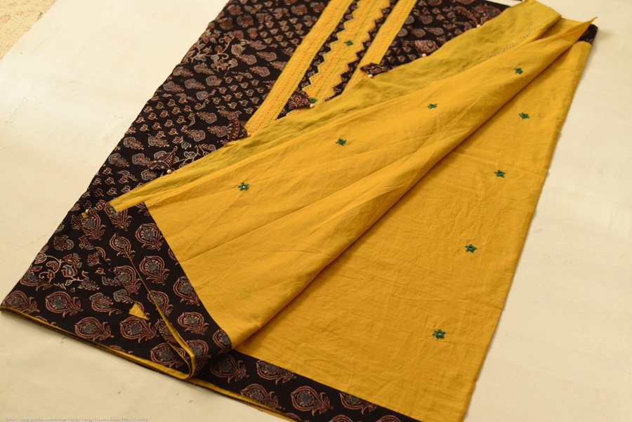 Buy Ajrakh Applique & Mirror Embroidered Cotton Saree - Yellow & Black